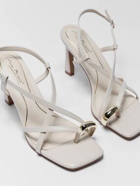 Anne Michelle Cream Strappy Block Heels with Gold Accent